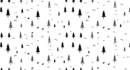 Black pine tree silhouettes with flying birds on white background, forest wildlife pattern, nature scene, minimalist vector art for stock content