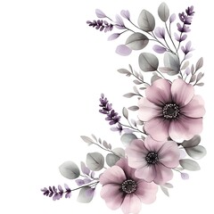 Watercolor floral arrangement features soft mauve blossoms and dusty gray foliage composing a decorative corner element