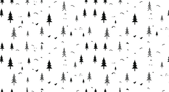 Black pine tree silhouettes with flying birds on white background, forest wildlife pattern, nature scene, minimalist vector art for stock content