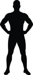 Strong male silhouette, muscular body shape, confident standing pose, fitness icon, power symbol, black vector figure, isolated on white background