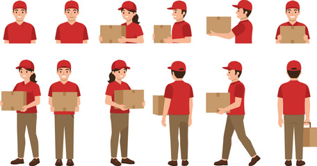 Delivery worker character set, courier in uniform, holding boxes, logistics staff illustration, shipping service, male and female poses, vector design