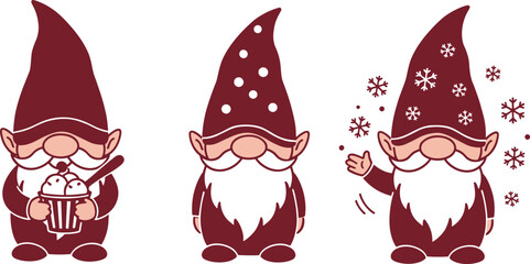 Christmas gnome clipart, winter holiday character, cute cartoon dwarf, festive illustration, snowflakes, hot cocoa, Scandinavian style, seasonal decoration, vector art