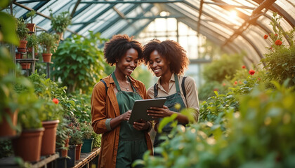 Two smiling black women florists use tablet in sunny greenhouse. Happy female friends laugh working together in garden center plant shop. Manage small business check inventory, analyze plant growth