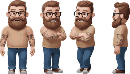 Bearded man character design, cartoon male with glasses, tattooed arms, casual outfit, front side back views, vector illustration for animation, modeling