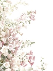 Delicate watercolor painting features clusters of pale pink and white bell-shaped blossoms ascending from the bottom left corner against a white background.