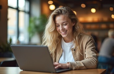 Young woman with blond hair smiles working on laptop computer in modern cafe interior. She studies online, enjoys distant learning, and connects with network. Casual work and education.