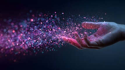 Illuminated particles stream across an open human palm in a dark environment