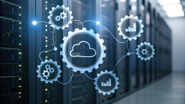 A digital illustration showing interconnected cloud computing gears, symbolizing data management within a server environment.