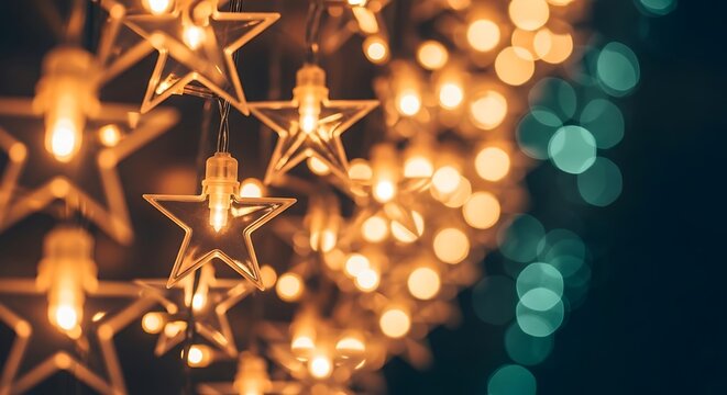 Close up of glowing golden star shaped christmas lights and bokeh background