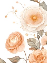 Delicate watercolor illustration features arrangement of soft peach and cream colored blossoms with muted foliage
