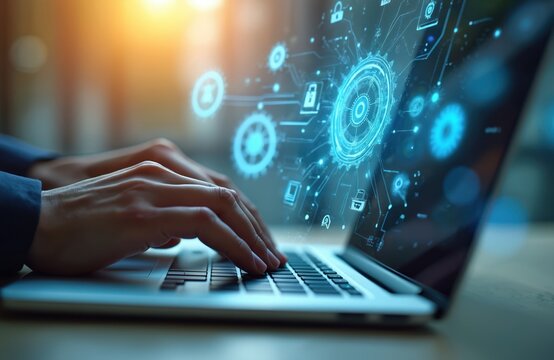Hands type on laptop with data integration interface. Gears connect. Network communication, automation, cloud computing, digital transformation concept. Man works on business innovations, software - Powered by Adobe