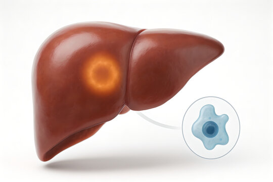 Photorealistic 3D medical illustration of Entamoeba histolytica trophozoite, semi-transparent cytoplasm with central karyosome nucleus, fine peripheral chromatin, dynamic lobopod pseudopod extension