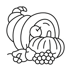 A cornucopia with a pumpkin grapes and other produce spilling out