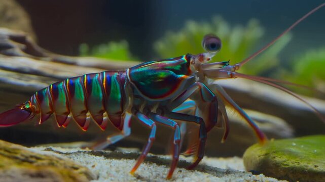 Observe a vibrant mantis shrimp with its iridescent shell, showcasing nature's artistry in a mesmerizing underwater scene.