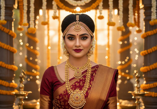 Portrait of a stunning South Indian bride wearing a traditional maroon silk saree, heavily adorned with layered antique gold jewelry with marigold garlands