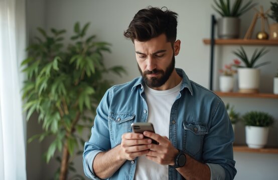 Man with beard uses smartphone inside living room. He scrolls apps on mobile device, reads news, chats online, or browses web. Casual person checks messages and social media.