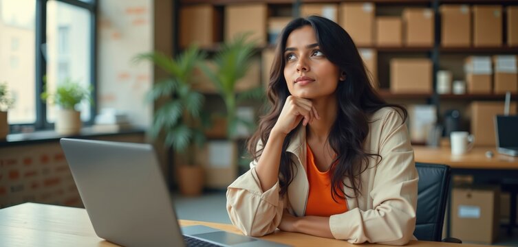 Indian woman sits at desk with laptop, hand on chin, thinking deeply. Shelves with boxes in background suggest logistics or e-commerce business. She seems focused on work and planning future projects.