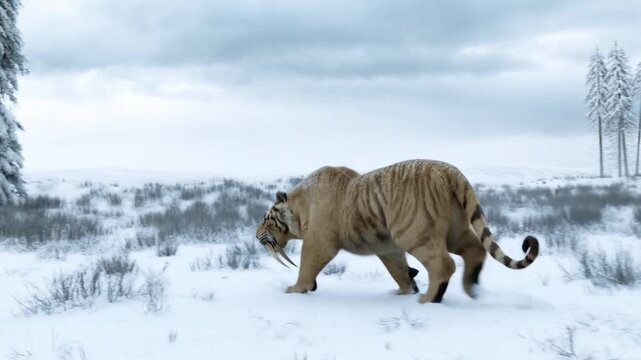 A majestic saber tooth tiger strides through a snowy winter wonderland, its powerful form a testament to the beauty and resilience of wildlife in this paleoart animated 3D clip. 