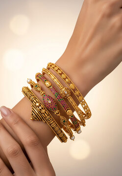 Close-up of a graceful female hand wearing a stack of traditional antique gold bangles and bracelets