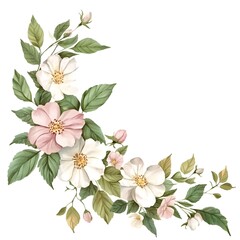 Watercolor illustration showcases a delicate floral arrangement composed of light pink and white blossoms with accompanying green foliage clustered in the corner of a white background.