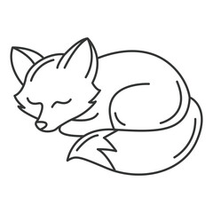 A curledup fox with closed eyes stylized as a monochrome line drawing