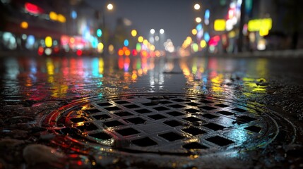 Rainy city street with reflections on asphalt