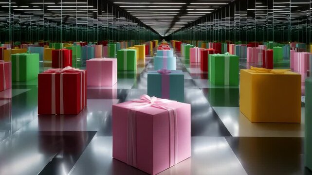 A Vibrant Display of Colorful Gift Boxes Arranged in a Reflective Infinity Room, Creating a Stunning Visual Experience of Abundance, Celebration, and Festivity.