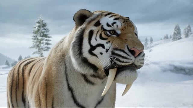 Majestic Smilodon in the Snow: A stunning dolly close-up of a saber-toothed cat against a snowy backdrop evokes a sense of prehistoric wilderness.