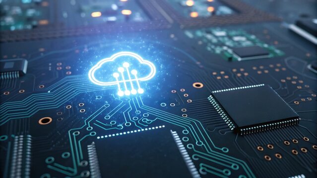 A digital circuit board featuring a glowing cloud symbol, representing cloud computing technology and digital innovation.