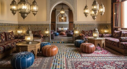 Experience opulent Moroccan lounge ambiance with intricate lanterns, plush seating, and rich textiles creating a luxurious cultural retreat