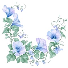 Delicate blue blossoms and trailing foliage curve gracefully against a stark white background