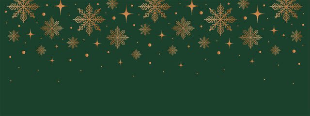 Christmas and New Year banner. Gold glitter snowflakes and stars on green background. Snowy winter design for holidays, greetings, sale, ads.