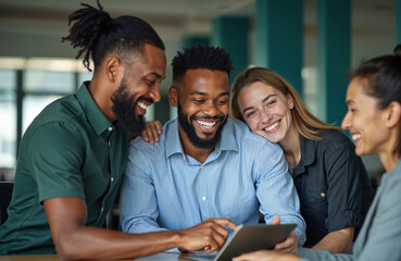 Fototapeta premium Diverse group of smiling business people collaborate around a tablet. Colleagues share ideas and laughter in a modern office setting, enjoying teamwork and a positive work environment.