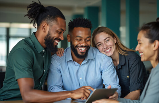 Diverse group of smiling business people collaborate around a tablet. Colleagues share ideas and laughter in a modern office setting, enjoying teamwork and a positive work environment.