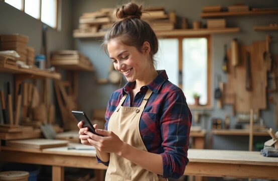 Young woman carpenter smiling while using mobile phone in workshop. She wears plaid shirt and apron. Woodworking space with tools and lumber visible.