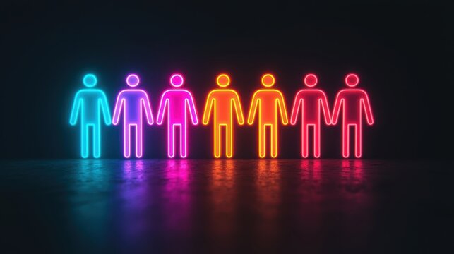 Neon outline figures of people holding hands in a row with colorful glowing lights against a dark background symbolizing unity and connection among individuals.