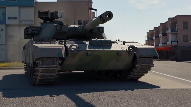 Tank dominates urban street: its presence creating stark contrast. Modern army vehicle maneuvers through an empty city.