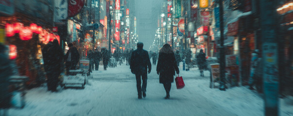 Couple walks through snowy city street with pedestrians hurrying by and colorful lights illuminating the winter scene