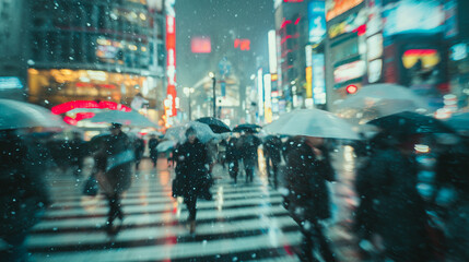 City street filled with pedestrians rushing under umbrellas in a rainy urban environment