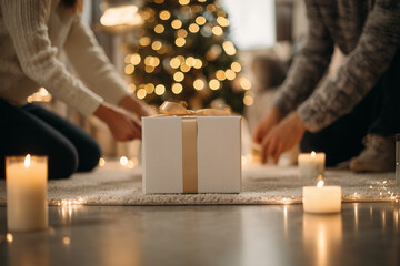 Woman wrapping a gift while man arranges candles in cozy apartment decorated for the holidays