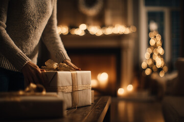 Woman carefully wraps holiday gifts by a cozy fireplace in an urban apartment with Christmas decor in the background