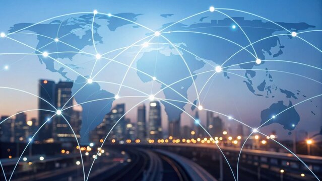 A digitally enhanced city skyline with a world map overlay, showcasing global connectivity through interconnected lines and nodes.