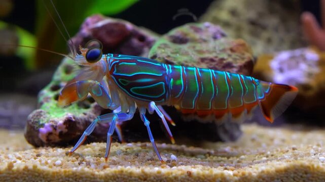 A colorful harlequin shrimp is walking over the sand, its exoskeleton is a stunning display of turquoise, green and orange hues. 