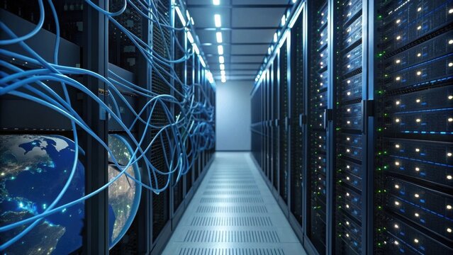 A high-tech server room lined with network cables, featuring a view of Earth, highlighting advanced technology and data storage.
