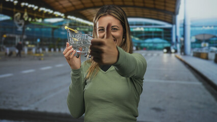 Young blonde woman holding tiny shopping cart and giving thumbs up outside airport terminal building  playful travel joy. © Krakenimages.com