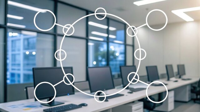 A modern office space featuring several computers, with a graphic overlay representing connectivity or network structure.