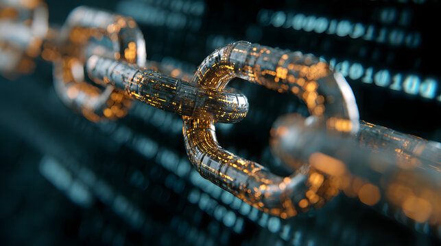 A conceptual image of a blockchain security chain with encoded links over a backdrop of streaming digital code.