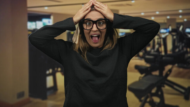 Woman with hand on head and mouth open wearing glasses in gym with cardio machines and bench visible; surprise playful determination.