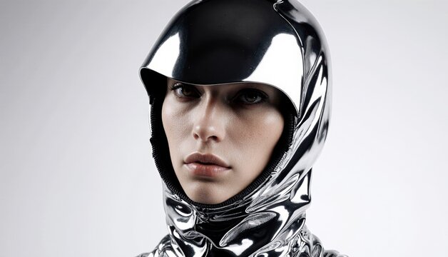 Shimmering futuristic fashion as a model showcases metallic attire in a minimalist setting Generative AI