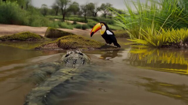 A toucan rests unaware on a mossy rock as a large crocodile stealthily approaches in murky water, evoking danger and tranquility in one shot. Documentary wildlife. 